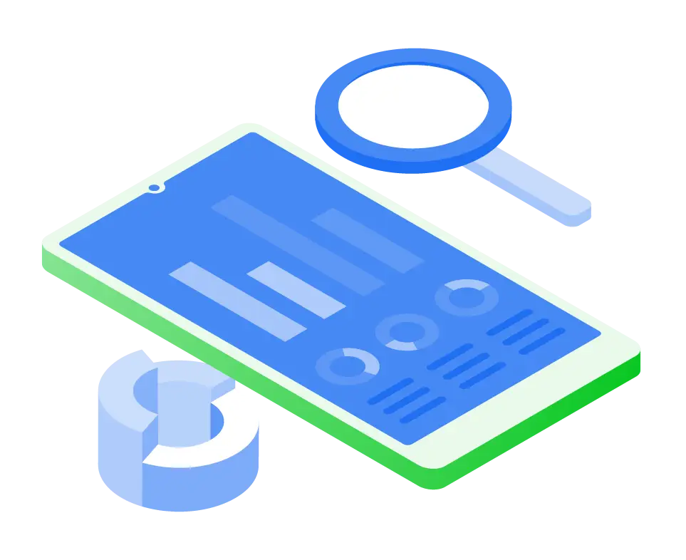 Illustration of a tablet with a KPI dashboard, a magnifying glass, and a pie chart
