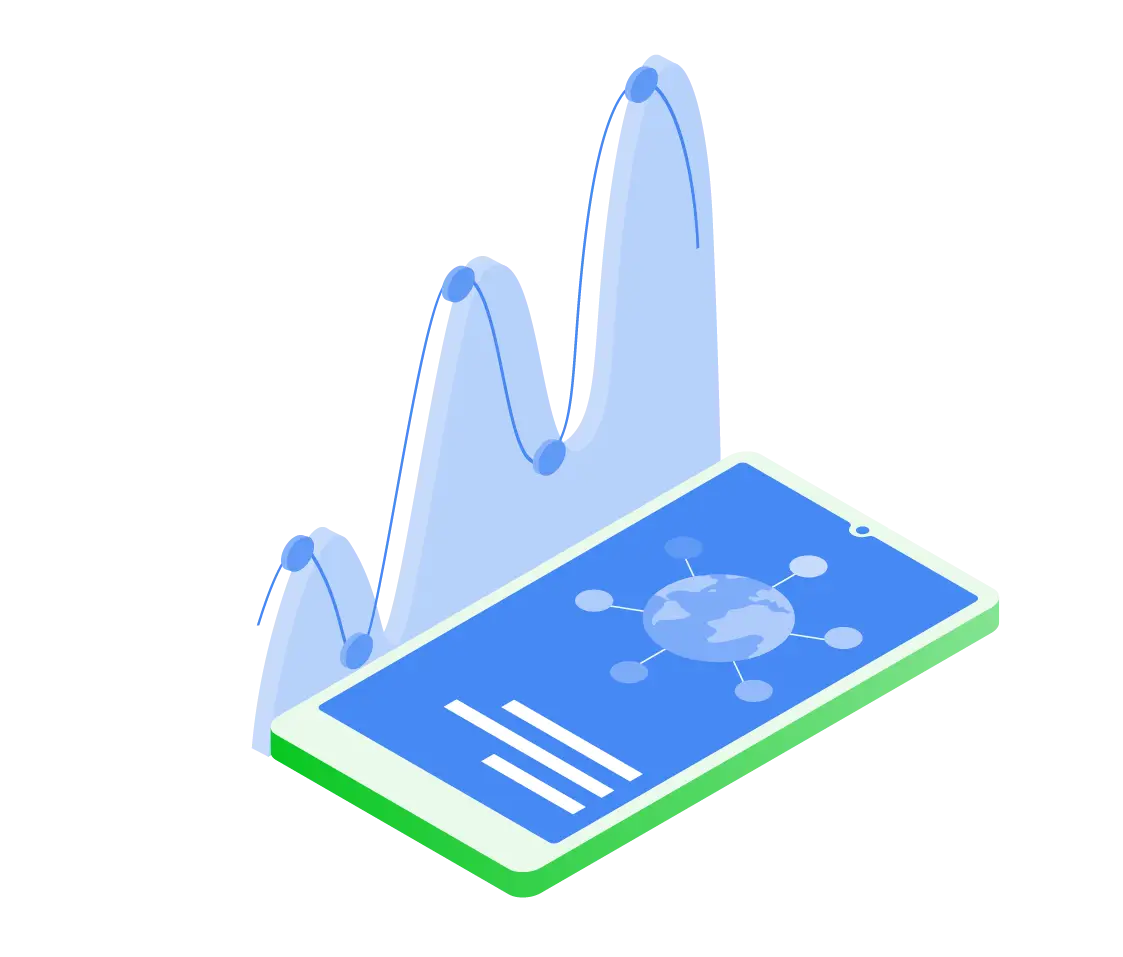 Illustration of a tablet showing a global network of connected data points