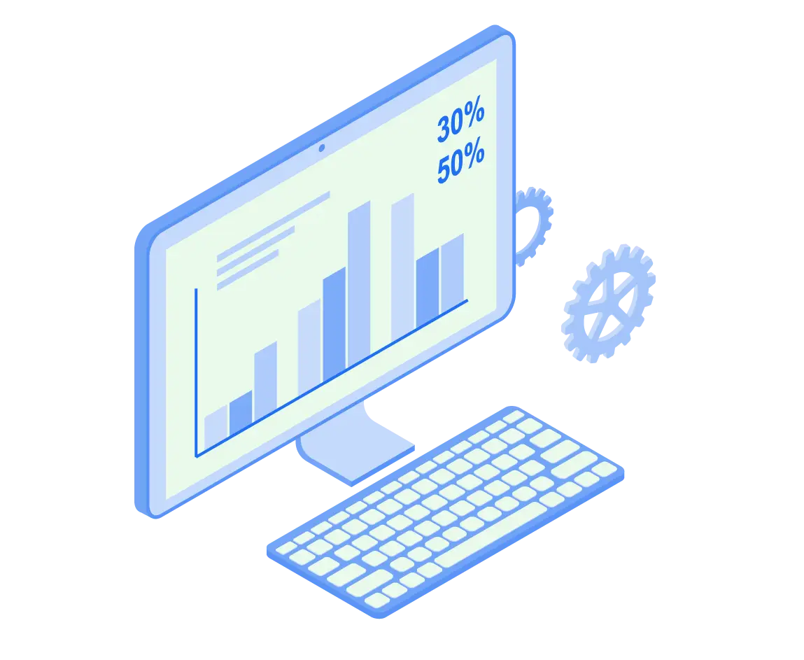 Illustration of a monitor displaying a growing bar chart dashboard