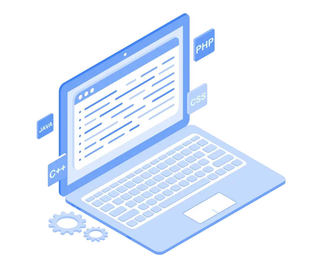 Illustration of a laptop with a code editor open, surrounded by programming language tags
